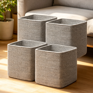 4-Piece Rope Woven Storage Bin Set – Gray – For Shelves