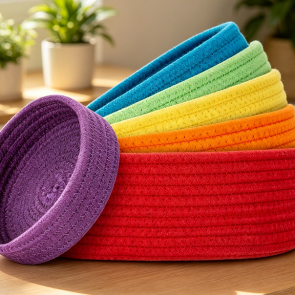 Round Woven Basket Set – Rainbow Colors – Key Tray & Storage
