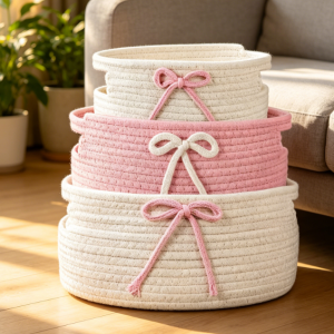 Pink Bow Woven Basket — Laundry & Toy Storage