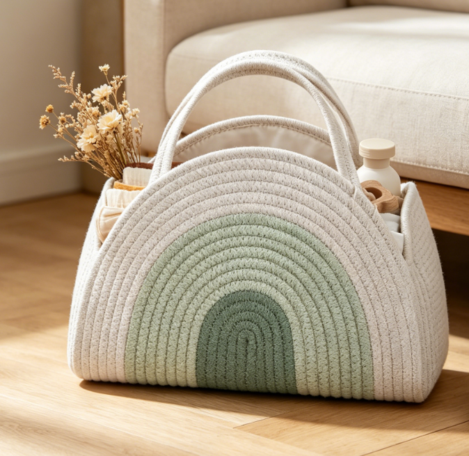 Mint & Rainbow Cotton Rope Basket — High-Capacity Storage - Image 2