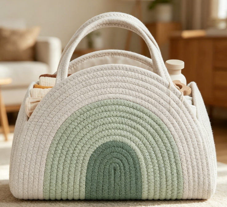 Mint & Rainbow Cotton Rope Basket — High-Capacity Storage