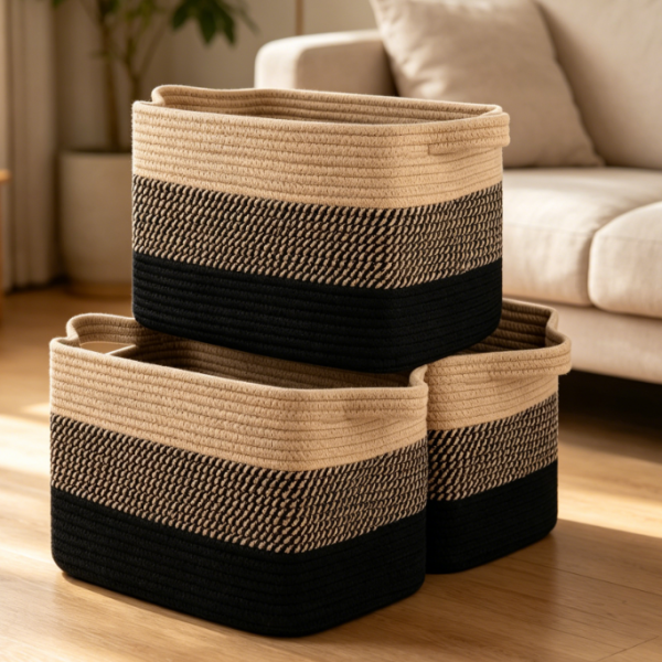 Rectangular Woven Storage Basket Set – Black & Brown Color Scheme