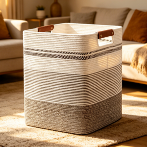 High-Capacity Cotton Rope Laundry Basket with Leather Handles