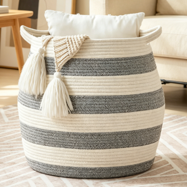 Foldable Large Cotton Rope Laundry Basket — Gray