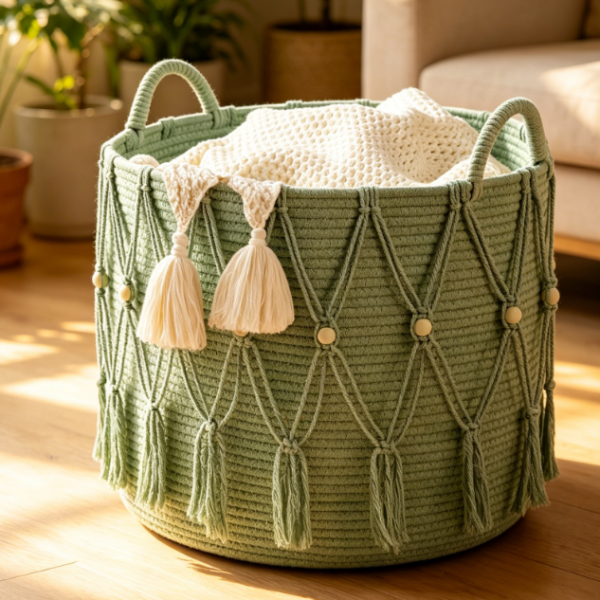 Artisan Rope Woven Basket — Blanket & Toy Storage