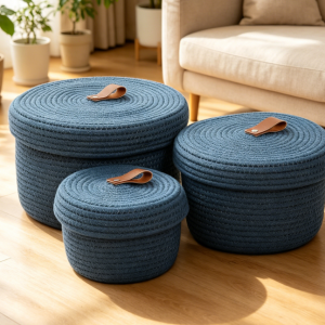 Round Lidded Woven Basket 3-Piece Set — Deep Blue