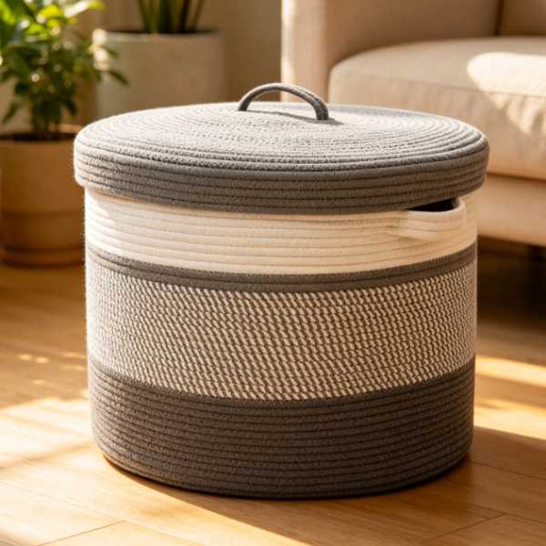 Extra-Large Lidded Cotton Rope Basket — Laundry & Storage