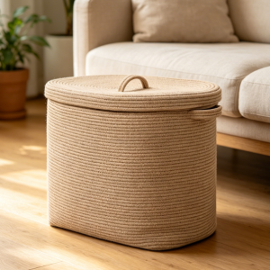 Extra-Large Rectangular Lidded Woven Basket — Beige