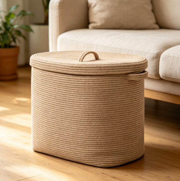 Extra-Large Rectangular Lidded Woven Basket — Beige
