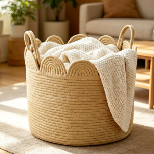 Scalloped-Edge Rope Woven Basket – Round Blanket Storage Bin