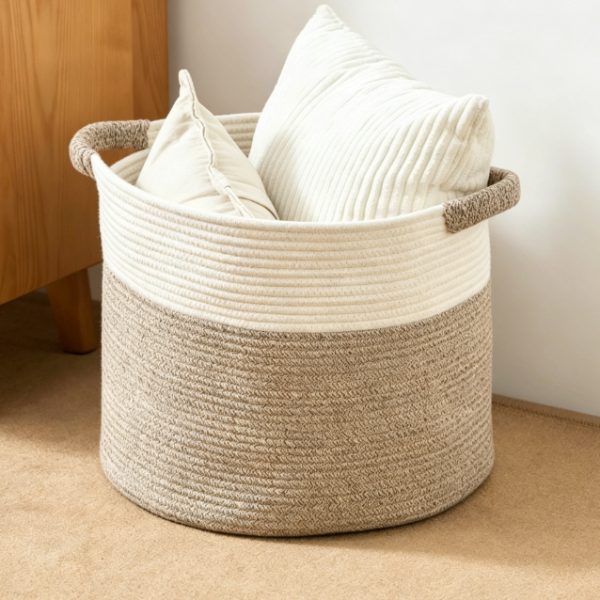 Round Two-Tone Cotton Rope Blanket Storage Basket (White/Brown)