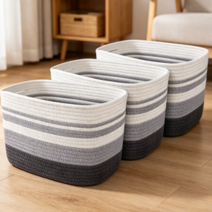 Gray Cotton Rope Storage Set for Laundry & Blankets (3-Piece Set)