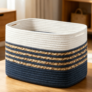 Navy Blue Cotton Rope Basket with Handles for Toys & Towels