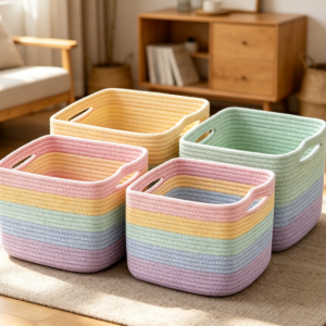 Rainbow-Colored Cotton Rope Toy Storage Baskets (4-Piece Set)