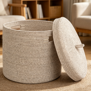 Cotton Rope Storage Bin with Lid for Blankets & Toys