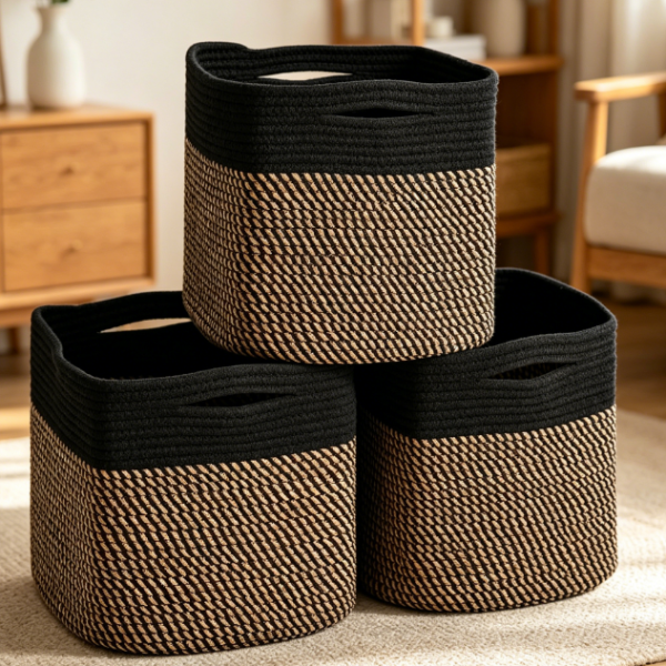 Cube-Shaped Cotton Rope Storage Baskets (Black/Jute)