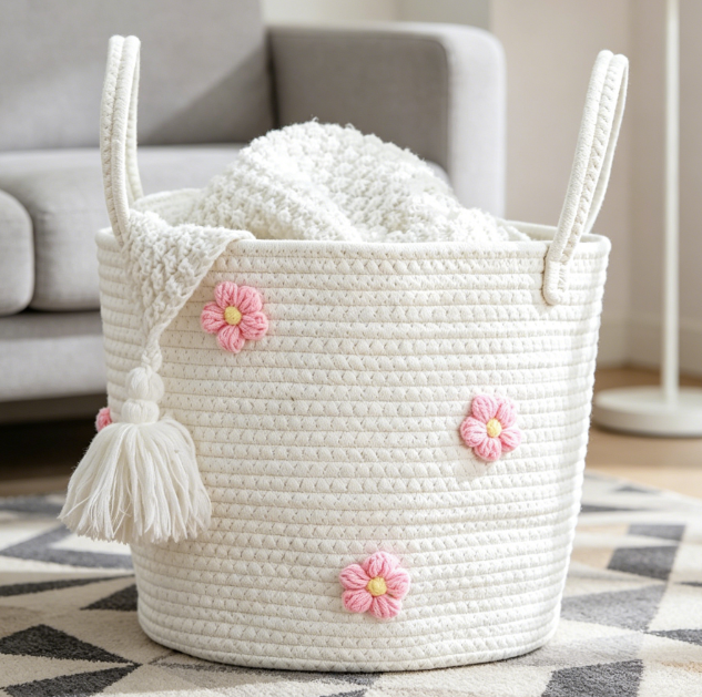 Cotton Rope Storage Basket with 3D Floral Decoration - Image 2
