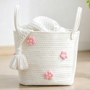 Cotton Rope Storage Basket with 3D Floral Decoration