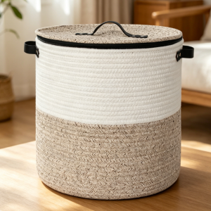 Cotton Rope Storage Basket with Zippered Lid for Blankets & Toys