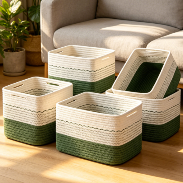 Woven Basket Set – Green & White Color Scheme – Toy & Book Storage