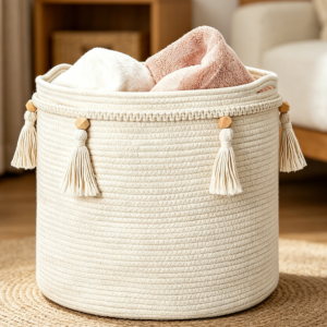 Bohemian-Style Cotton Rope Storage Basket with Tassel Accents