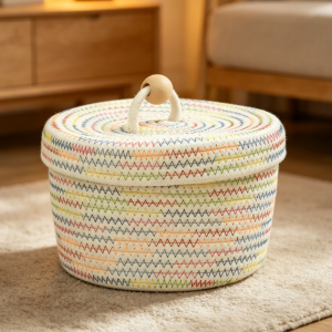 Small Cotton Rope Basket with Lid and Rainbow Wave Pattern